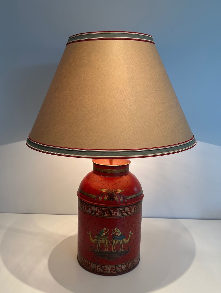 Red Painted Tole Lamp With Chinoiserie Decor, 20th Century.