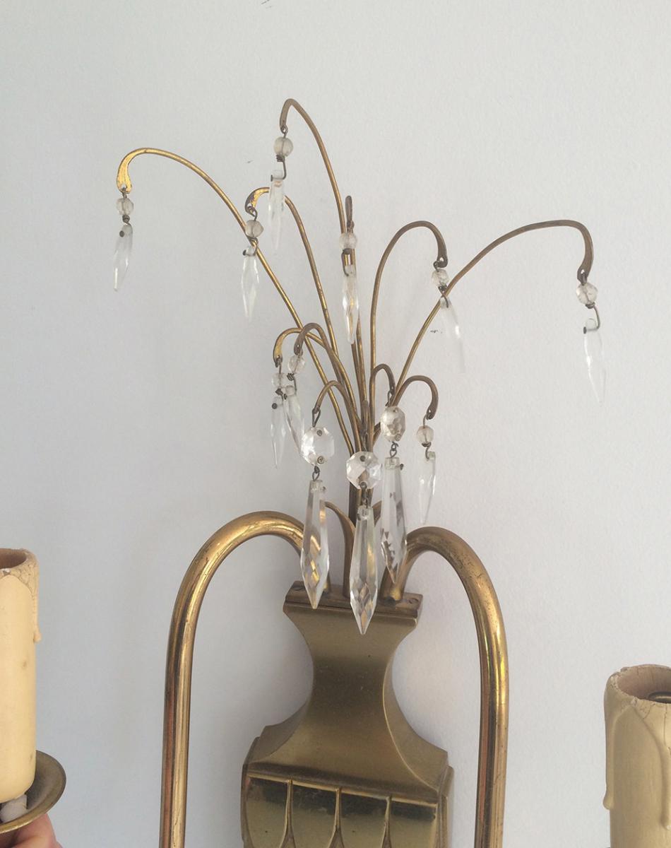 Pair Of Flower Basket Brass And Crystal Wall Lights. Circa 1940-photo-2