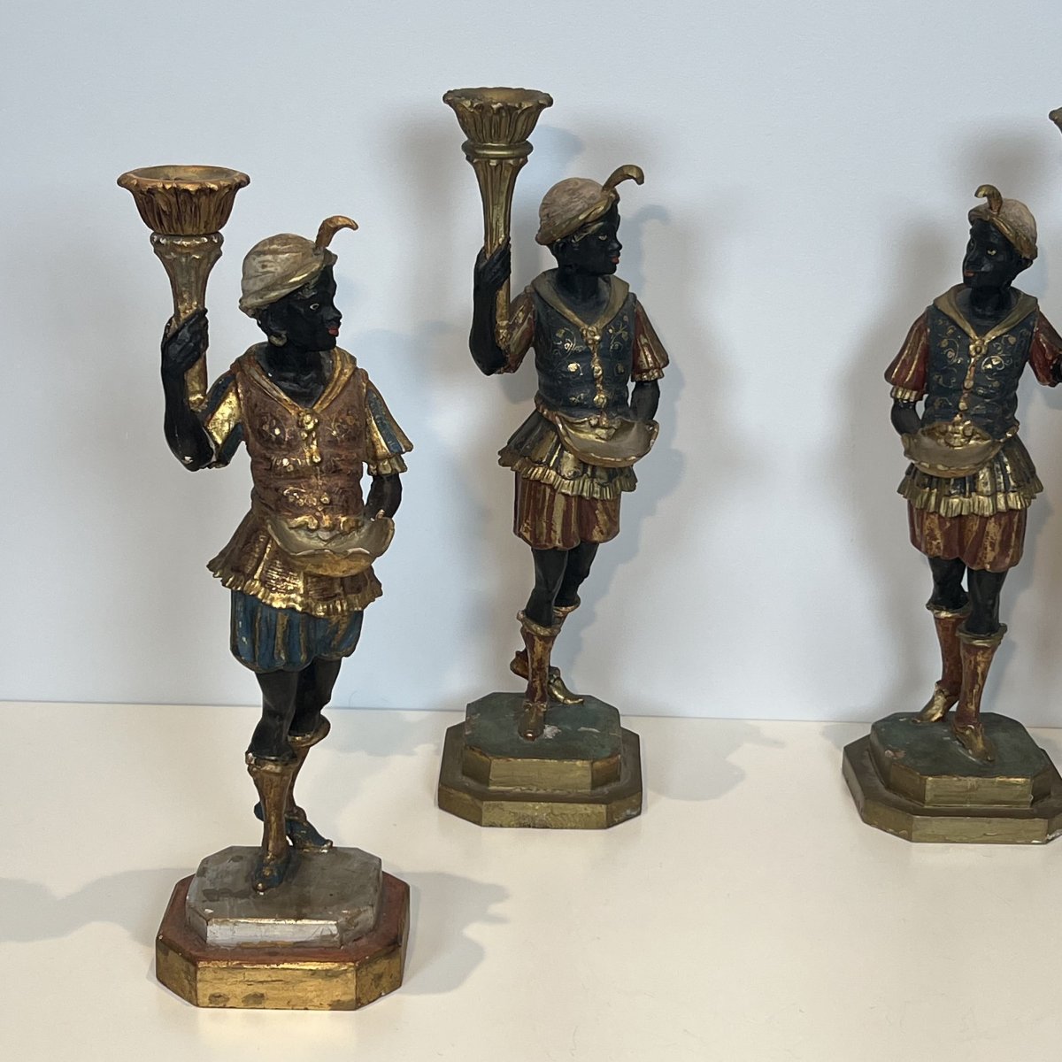 Set Of Four Polychrome "moretti" Torchiere Sculptures, Venetian Style, Mid-20th Century.-photo-4