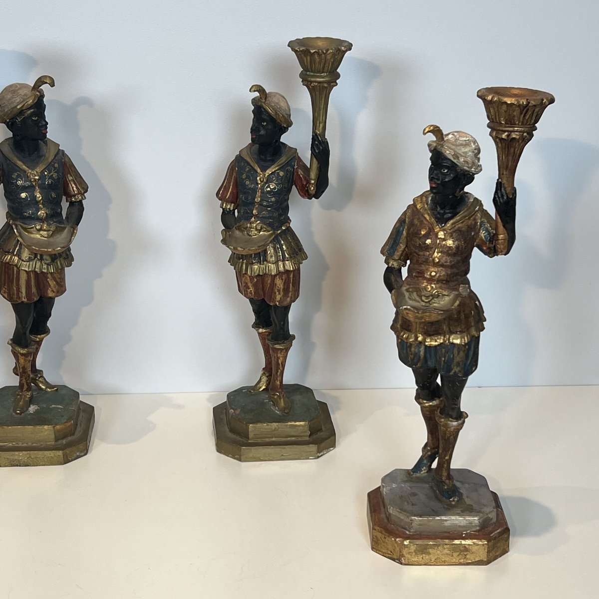 Set Of Four Polychrome "moretti" Torchiere Sculptures, Venetian Style, Mid-20th Century.-photo-2