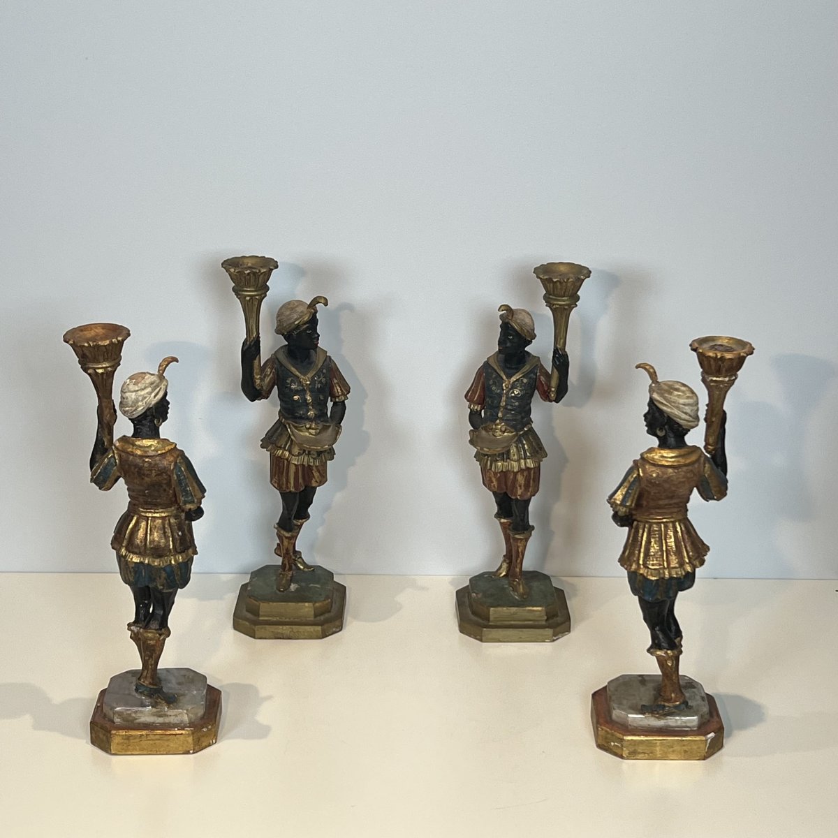 Set Of Four Polychrome "moretti" Torchiere Sculptures, Venetian Style, Mid-20th Century.-photo-4