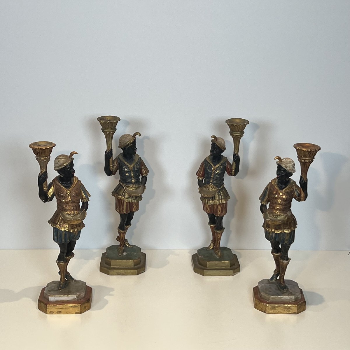 Set Of Four Polychrome "moretti" Torchiere Sculptures, Venetian Style, Mid-20th Century.-photo-5