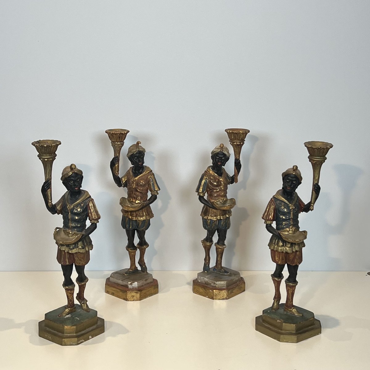 Set Of Four Polychrome "moretti" Torchiere Sculptures, Venetian Style, Mid-20th Century.-photo-7