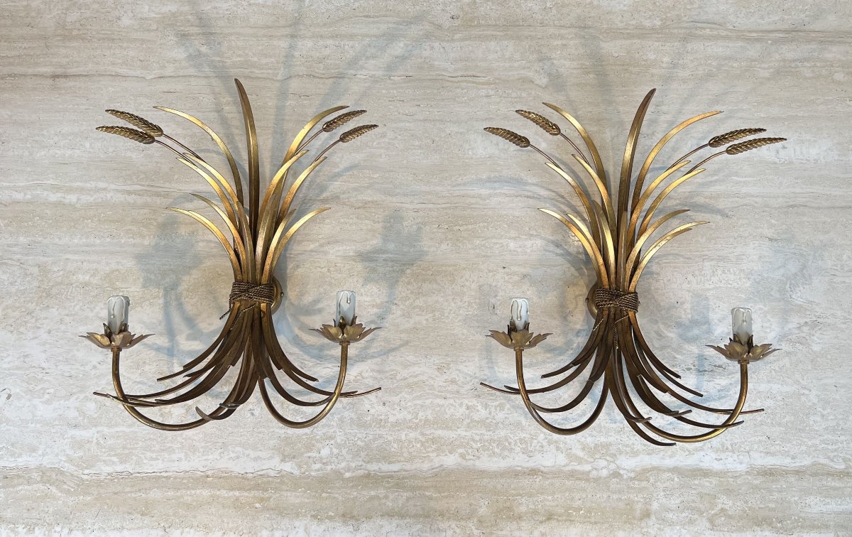 Pair Of Gilded Metal Wall Sconces With Wheat Sheaves Decor, Circa 1970-photo-2