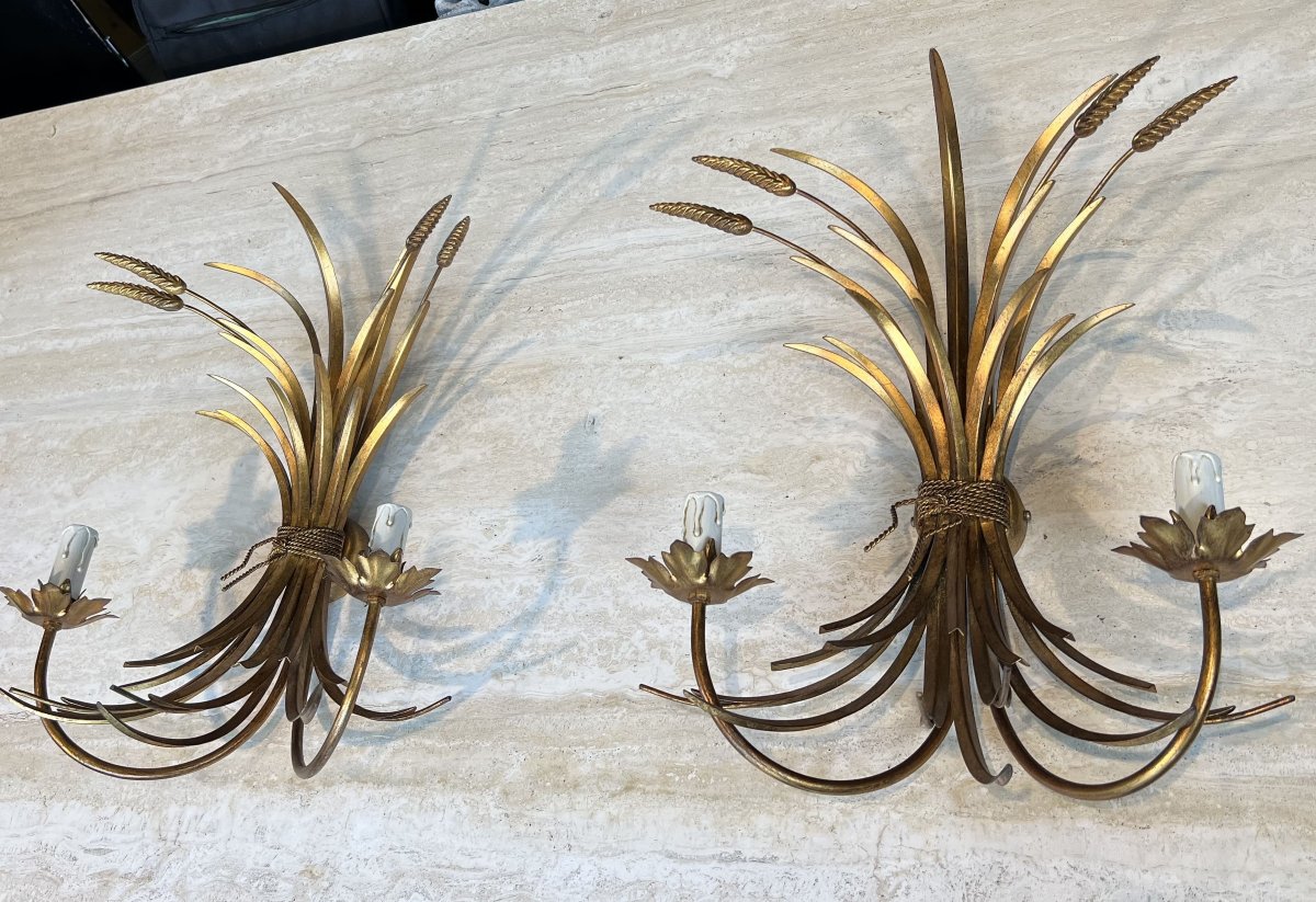 Pair Of Gilded Metal Wall Sconces With Wheat Sheaves Decor, Circa 1970-photo-3