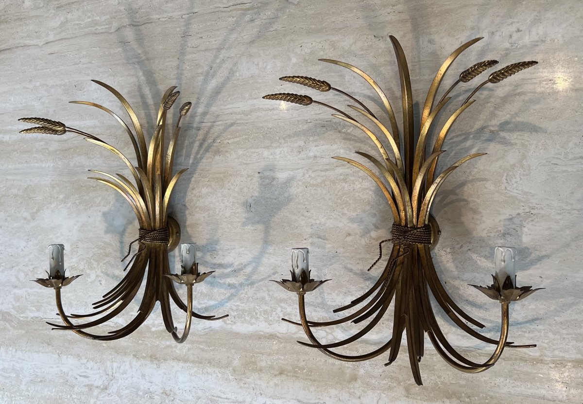 Pair Of Gilded Metal Wall Sconces With Wheat Sheaves Decor, Circa 1970-photo-4