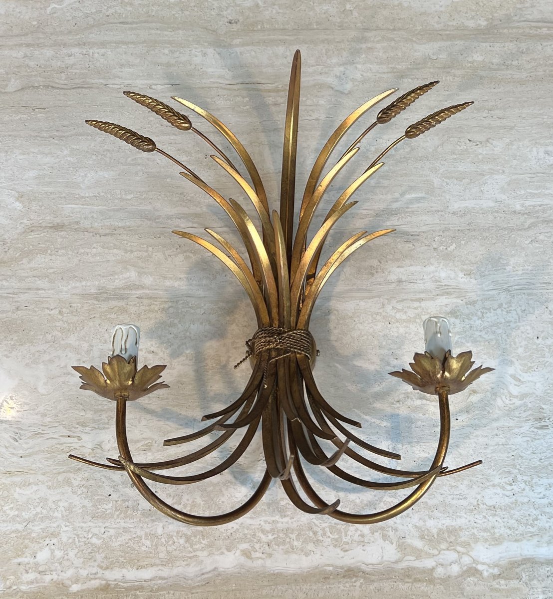 Pair Of Gilded Metal Wall Sconces With Wheat Sheaves Decor, Circa 1970-photo-1