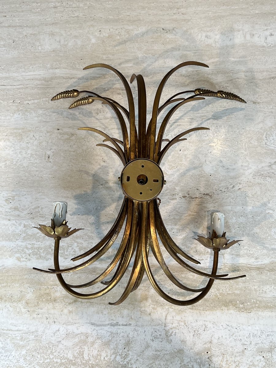 Pair Of Gilded Metal Wall Sconces With Wheat Sheaves Decor, Circa 1970-photo-2