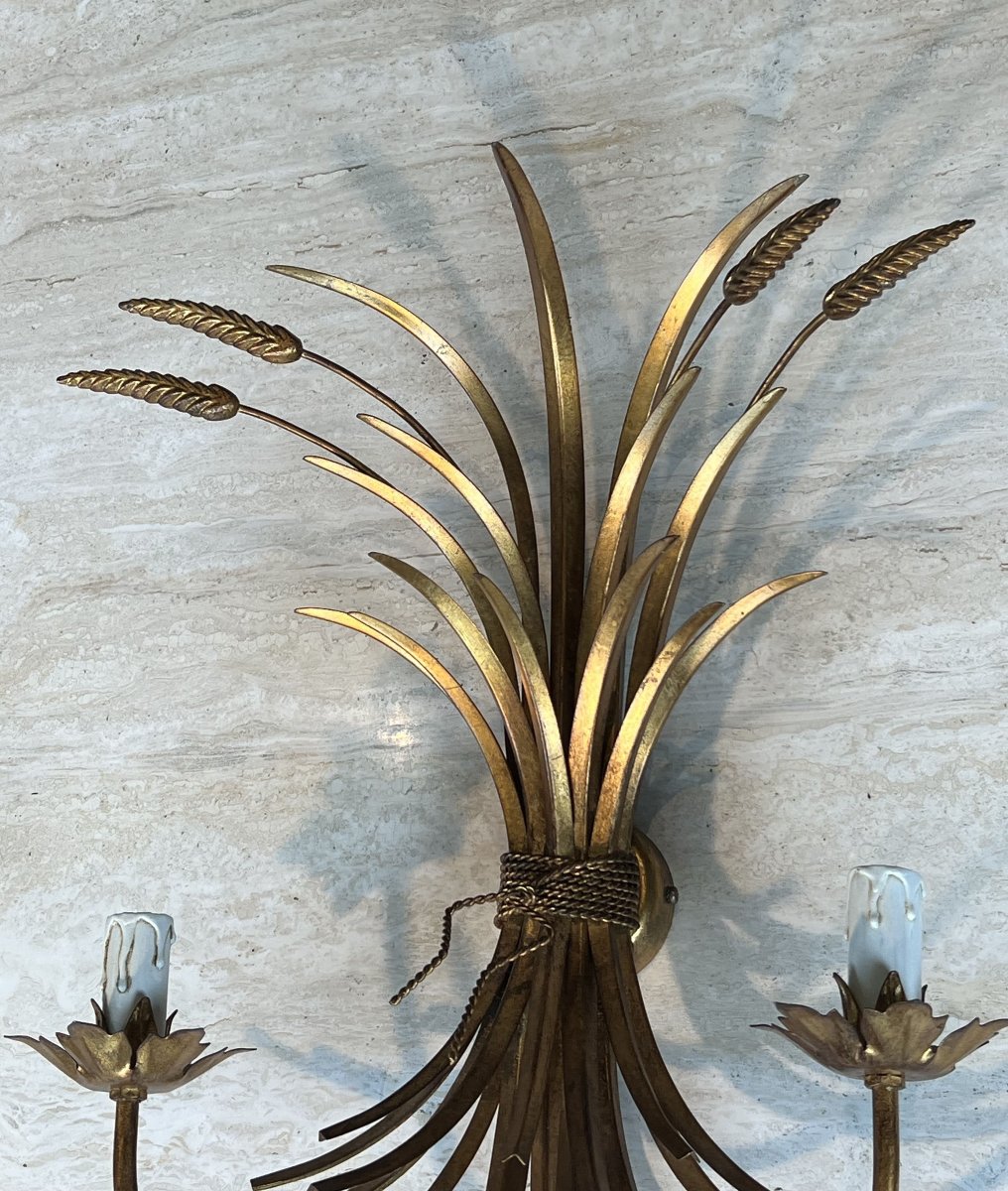 Pair Of Gilded Metal Wall Sconces With Wheat Sheaves Decor, Circa 1970-photo-3