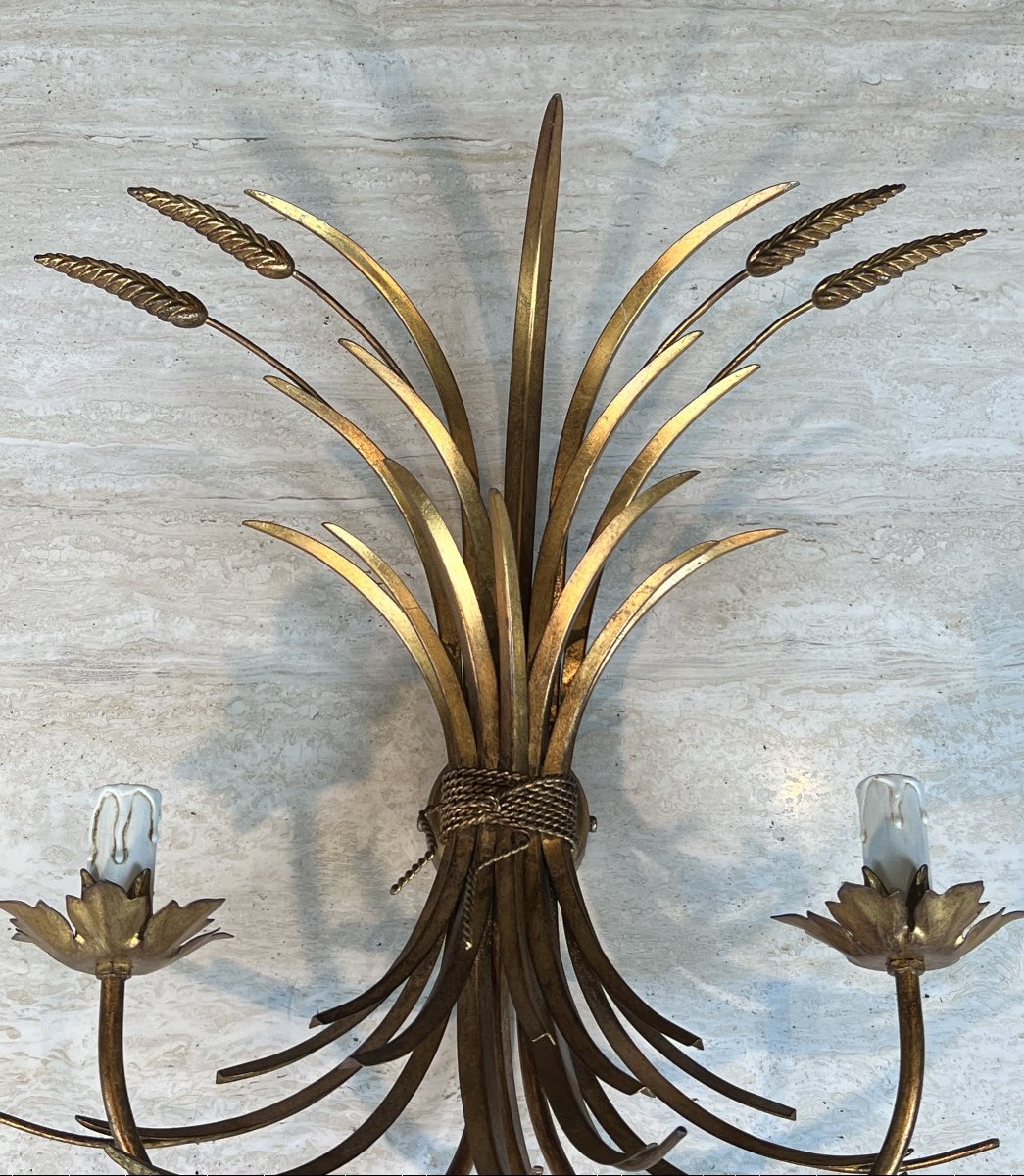 Pair Of Gilded Metal Wall Sconces With Wheat Sheaves Decor, Circa 1970-photo-4