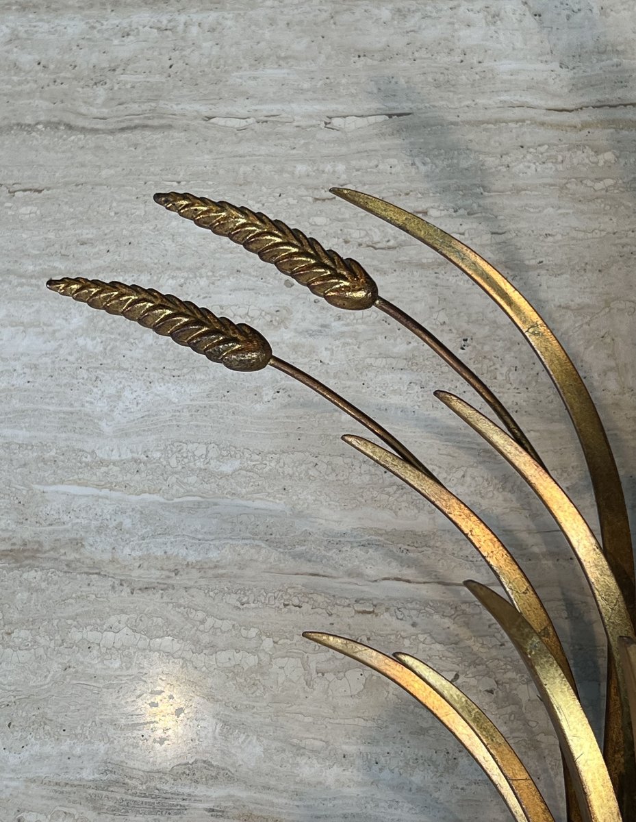Pair Of Gilded Metal Wall Sconces With Wheat Sheaves Decor, Circa 1970-photo-5