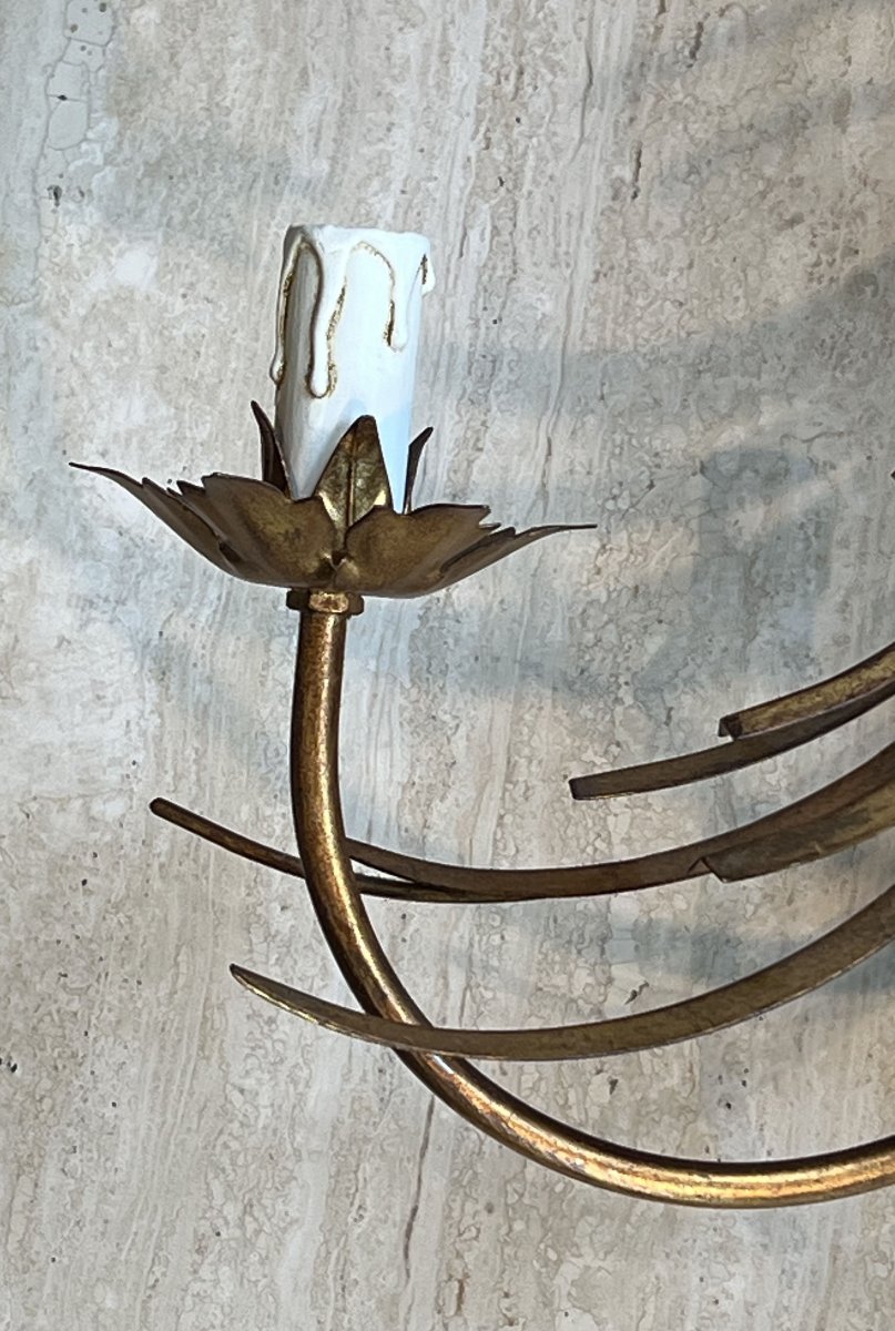 Pair Of Gilded Metal Wall Sconces With Wheat Sheaves Decor, Circa 1970-photo-6
