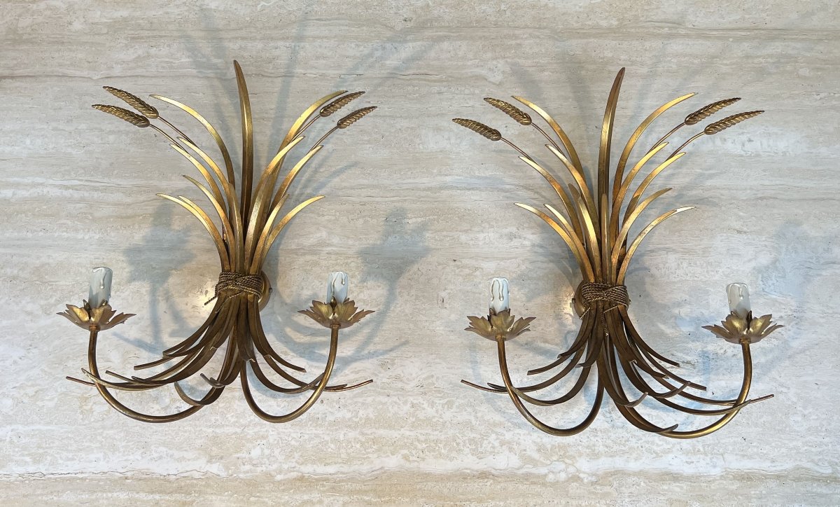 Pair Of Gilded Metal Wall Sconces With Wheat Sheaves Decor, Circa 1970-photo-7