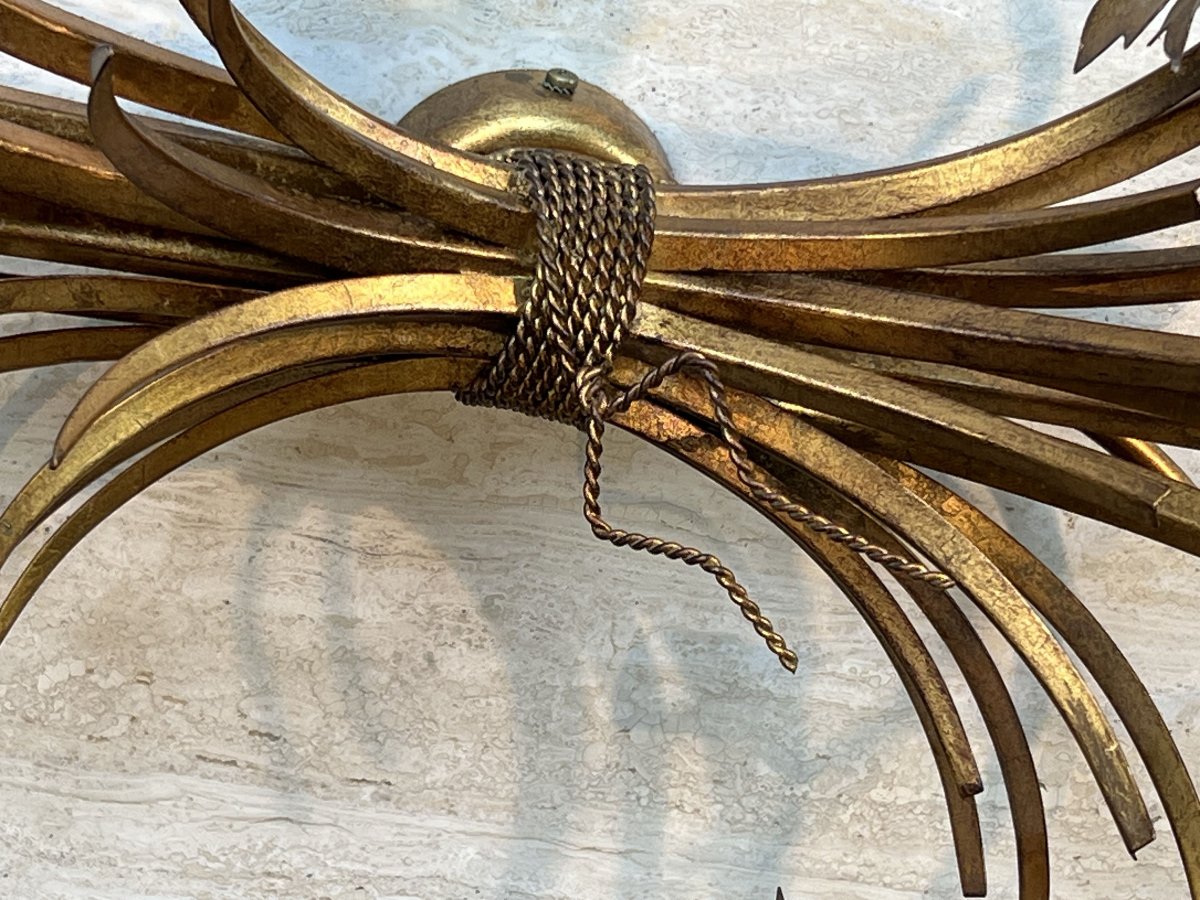 Pair Of Gilded Metal Wall Sconces With Wheat Sheaves Decor, Circa 1970-photo-8