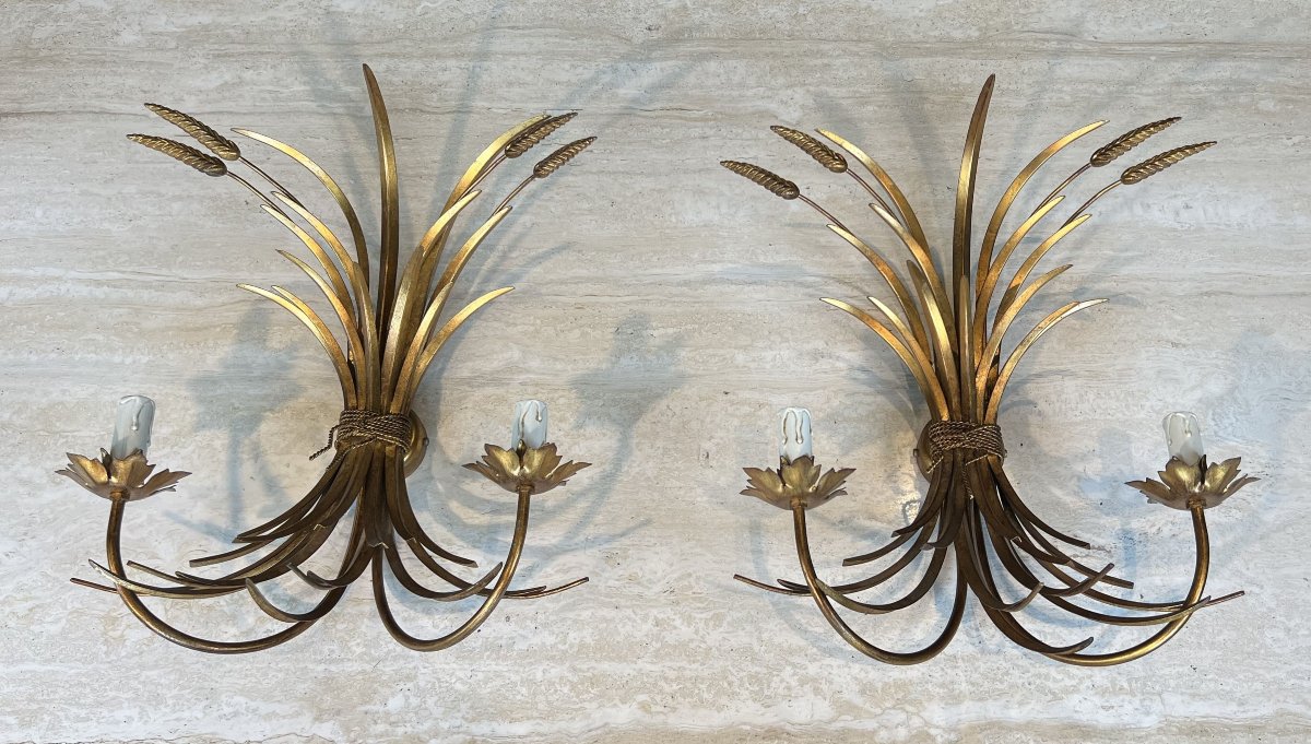 Pair Of Gilded Metal Wall Sconces With Wheat Sheaves Decor, Circa 1970