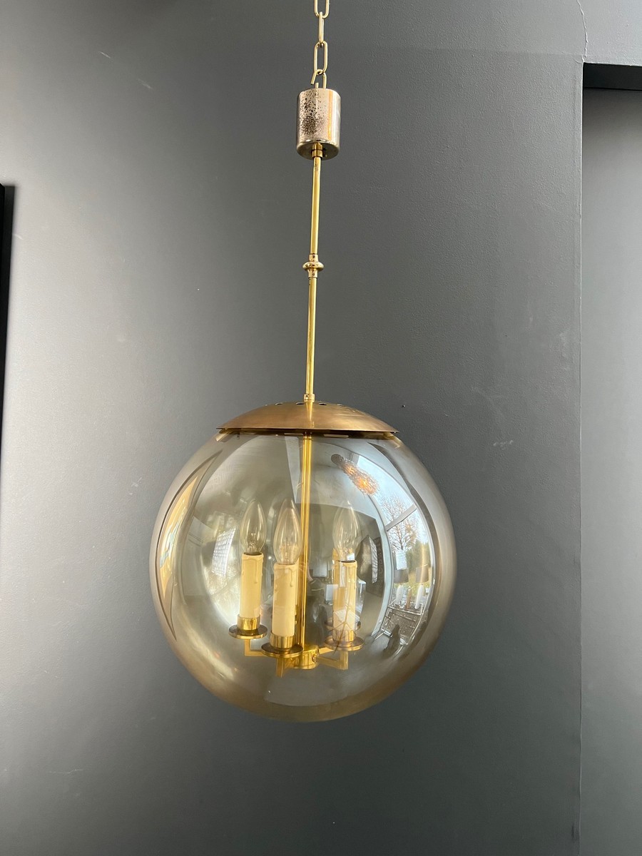 Globe Pendant Light In Smoked Glass And Brass With Four Lights. French Work. Circa 1970.-photo-3