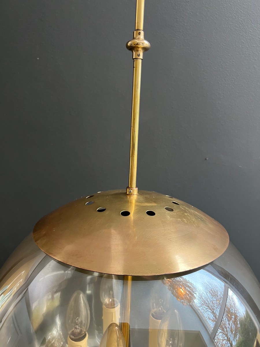 Globe Pendant Light In Smoked Glass And Brass With Four Lights. French Work. Circa 1970.-photo-3