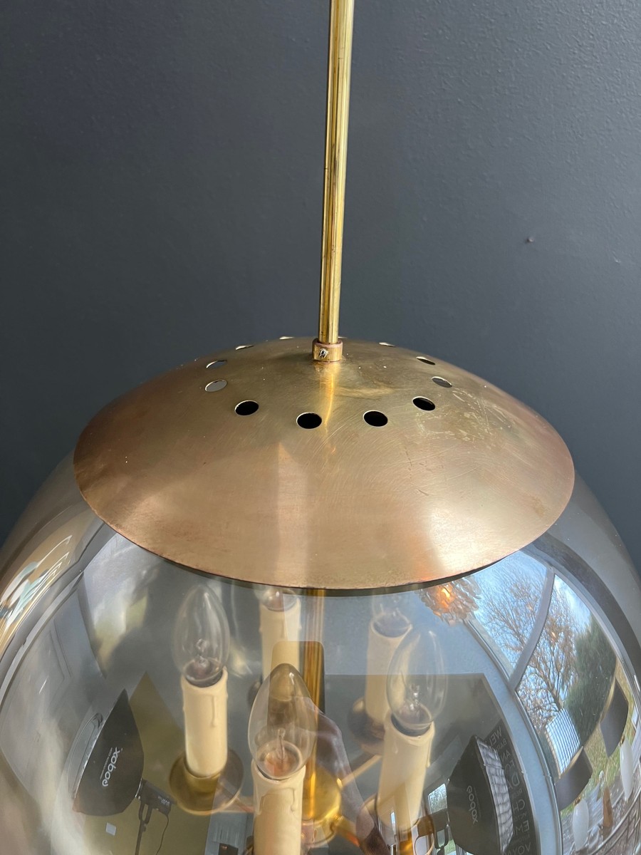 Globe Pendant Light In Smoked Glass And Brass With Four Lights. French Work. Circa 1970.-photo-4
