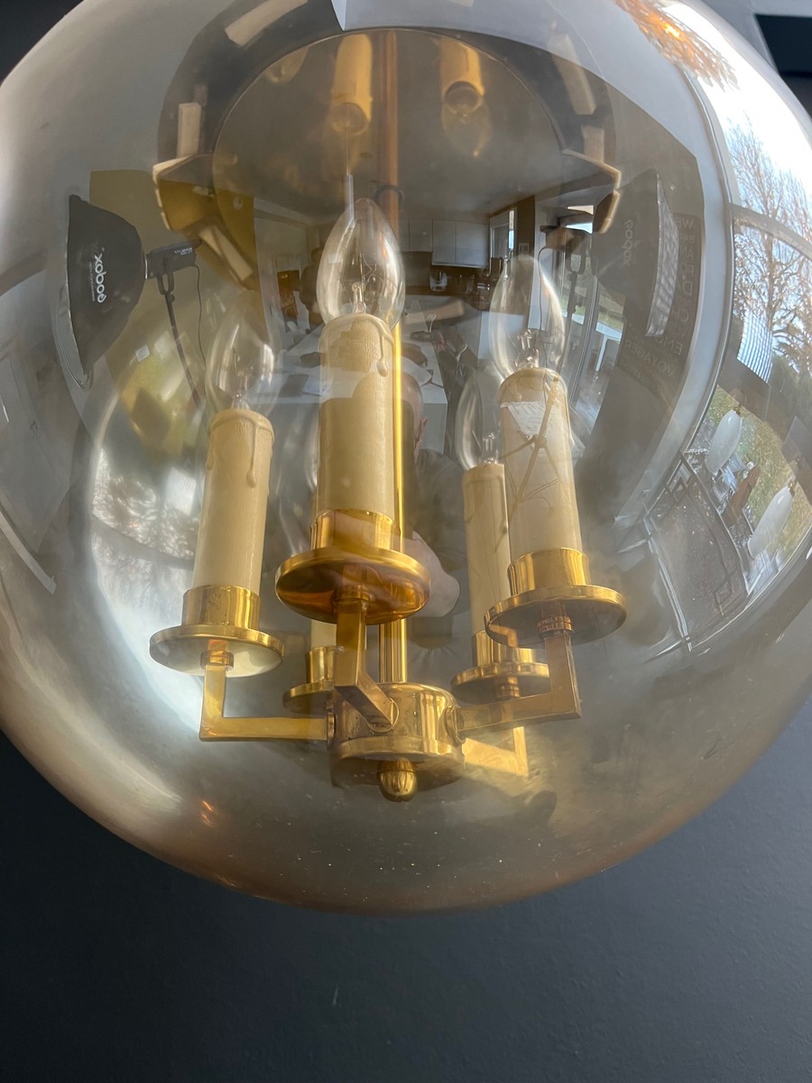 Globe Pendant Light In Smoked Glass And Brass With Four Lights. French Work. Circa 1970.-photo-5