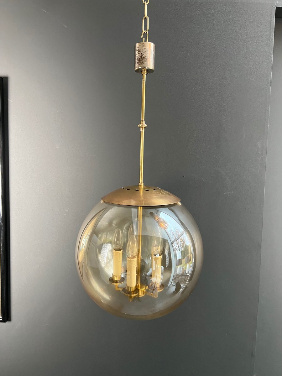 Globe Pendant Light In Smoked Glass And Brass With Four Lights. French Work. Circa 1970.-photo-6