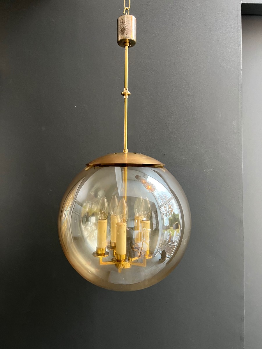 Globe Pendant Light In Smoked Glass And Brass With Four Lights. French Work. Circa 1970.-photo-7