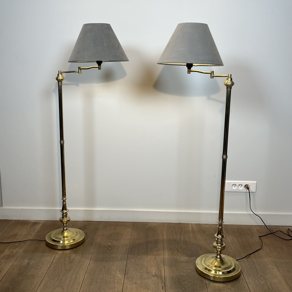 Pair Of Brass Floor Reading Lamps With Articulated Arm And Grey Velvet. French Work In The Mann-photo-4