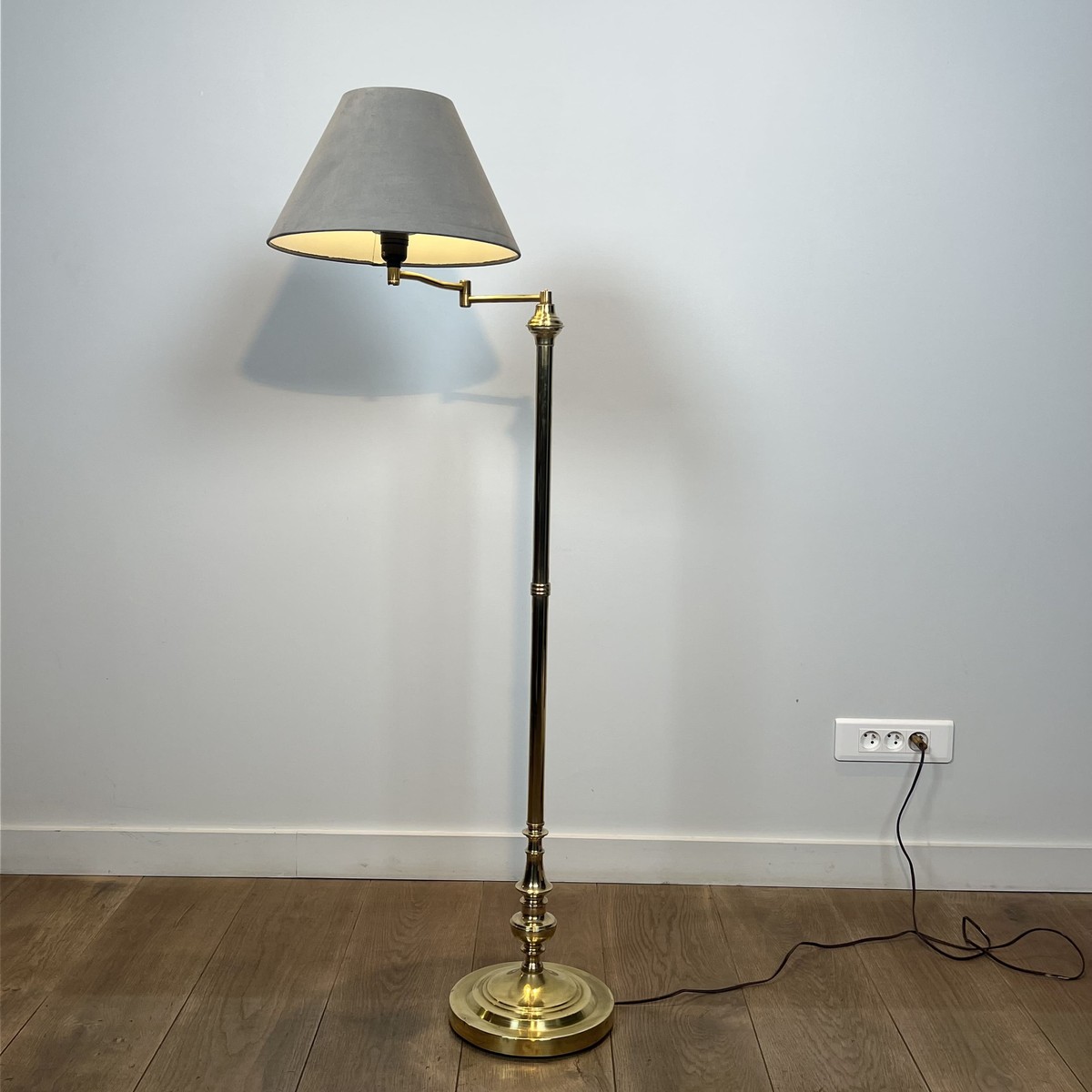 Pair Of Brass Floor Reading Lamps With Articulated Arm And Grey Velvet. French Work In The Mann-photo-1