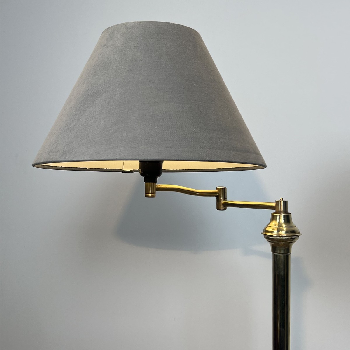 Pair Of Brass Floor Reading Lamps With Articulated Arm And Grey Velvet. French Work In The Mann-photo-2