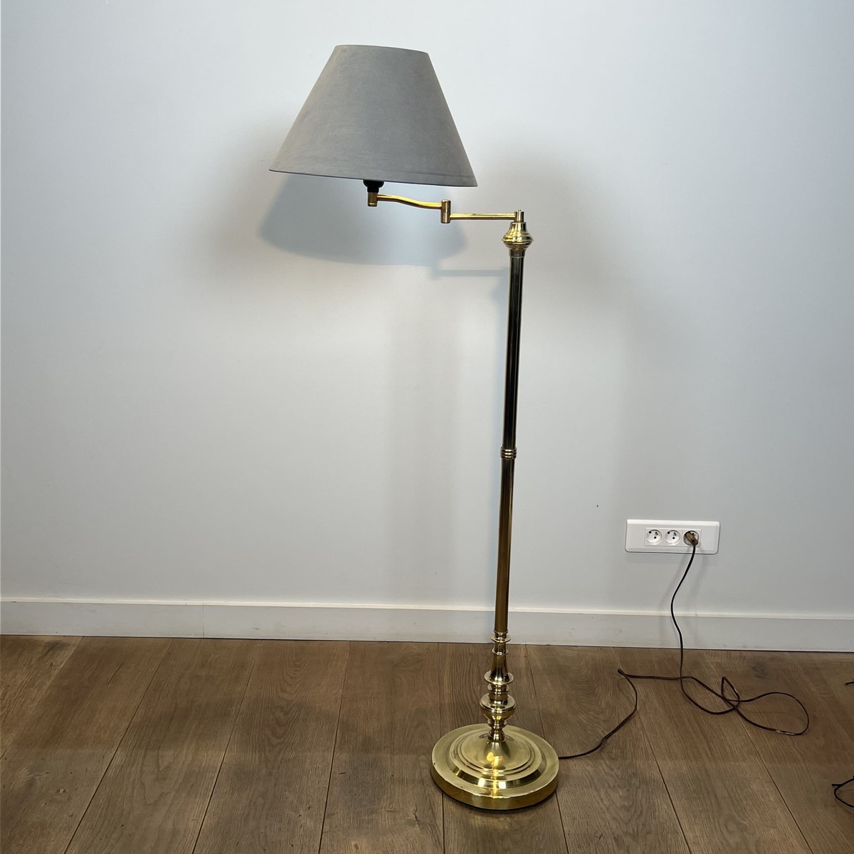 Pair Of Brass Floor Reading Lamps With Articulated Arm And Grey Velvet. French Work In The Mann-photo-6