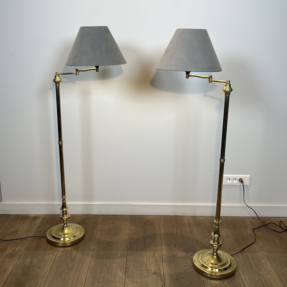 Pair Of Brass Floor Reading Lamps With Articulated Arm And Grey Velvet. French Work In The Mann-photo-7