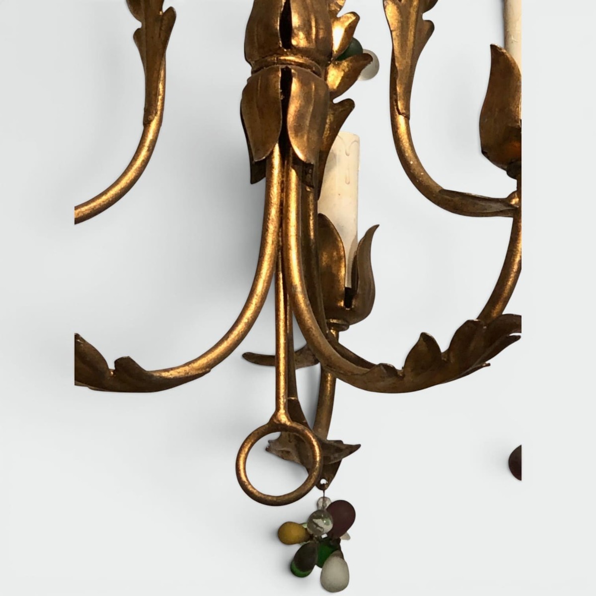 Pair Of Gilt Metal Chandeliers With Foliage And Coloured Glass Grape Clusters, Four Arms. Itali-photo-5