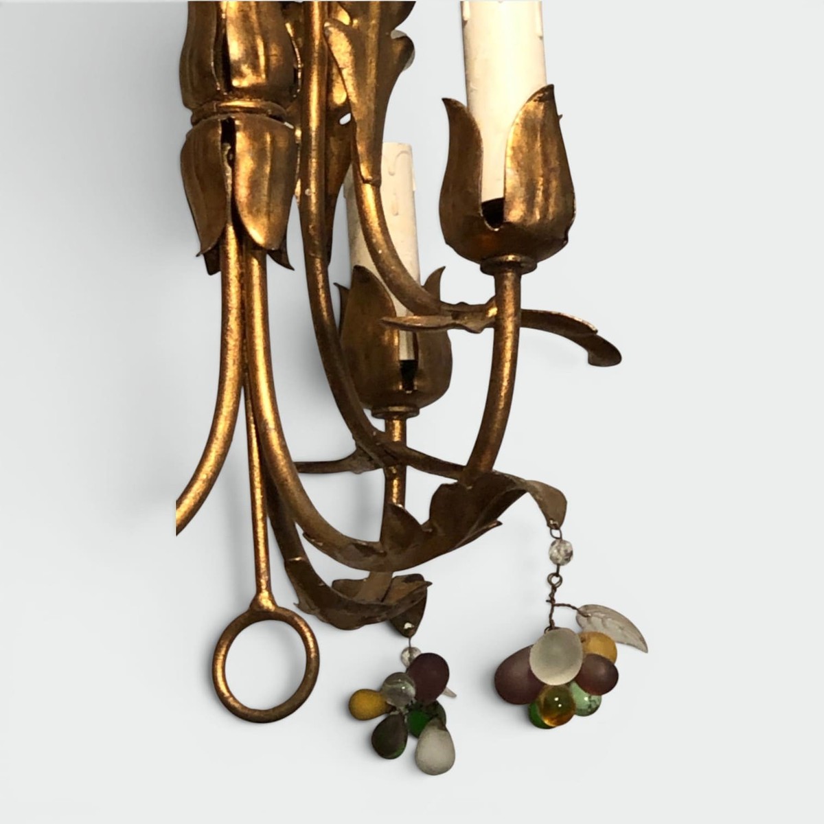 Pair Of Gilt Metal Chandeliers With Foliage And Coloured Glass Grape Clusters, Four Arms. Itali-photo-6