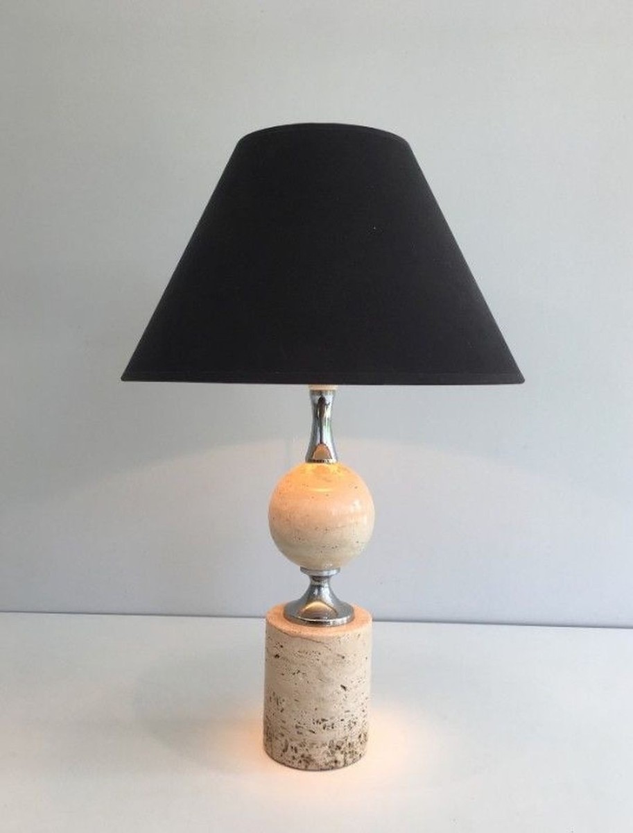 Travertine And Chrome Table Lamp, Philippe Barbie, French Work, Circa 1970-photo-2