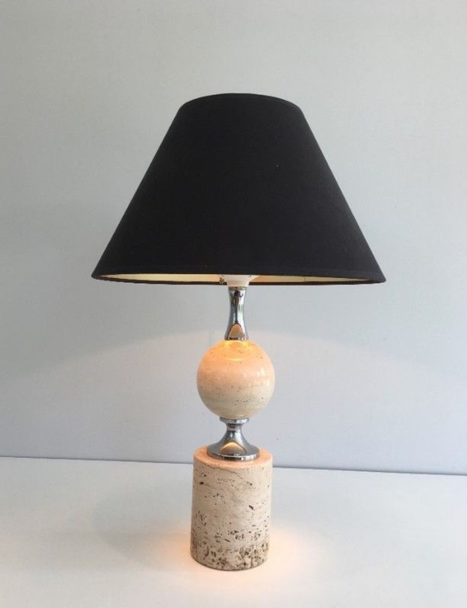 Travertine And Chrome Table Lamp, Philippe Barbie, French Work, Circa 1970-photo-3