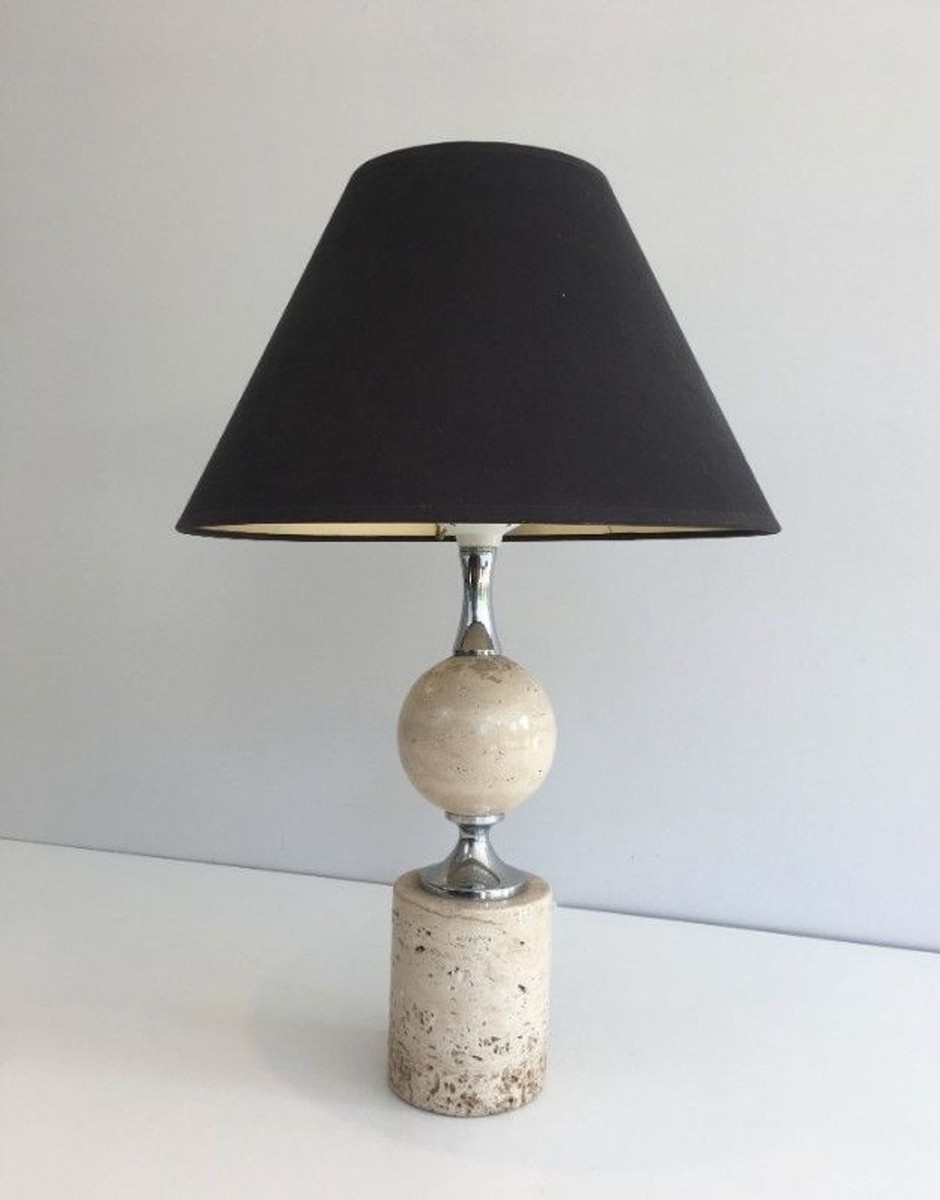 Travertine And Chrome Table Lamp, Philippe Barbie, French Work, Circa 1970-photo-1