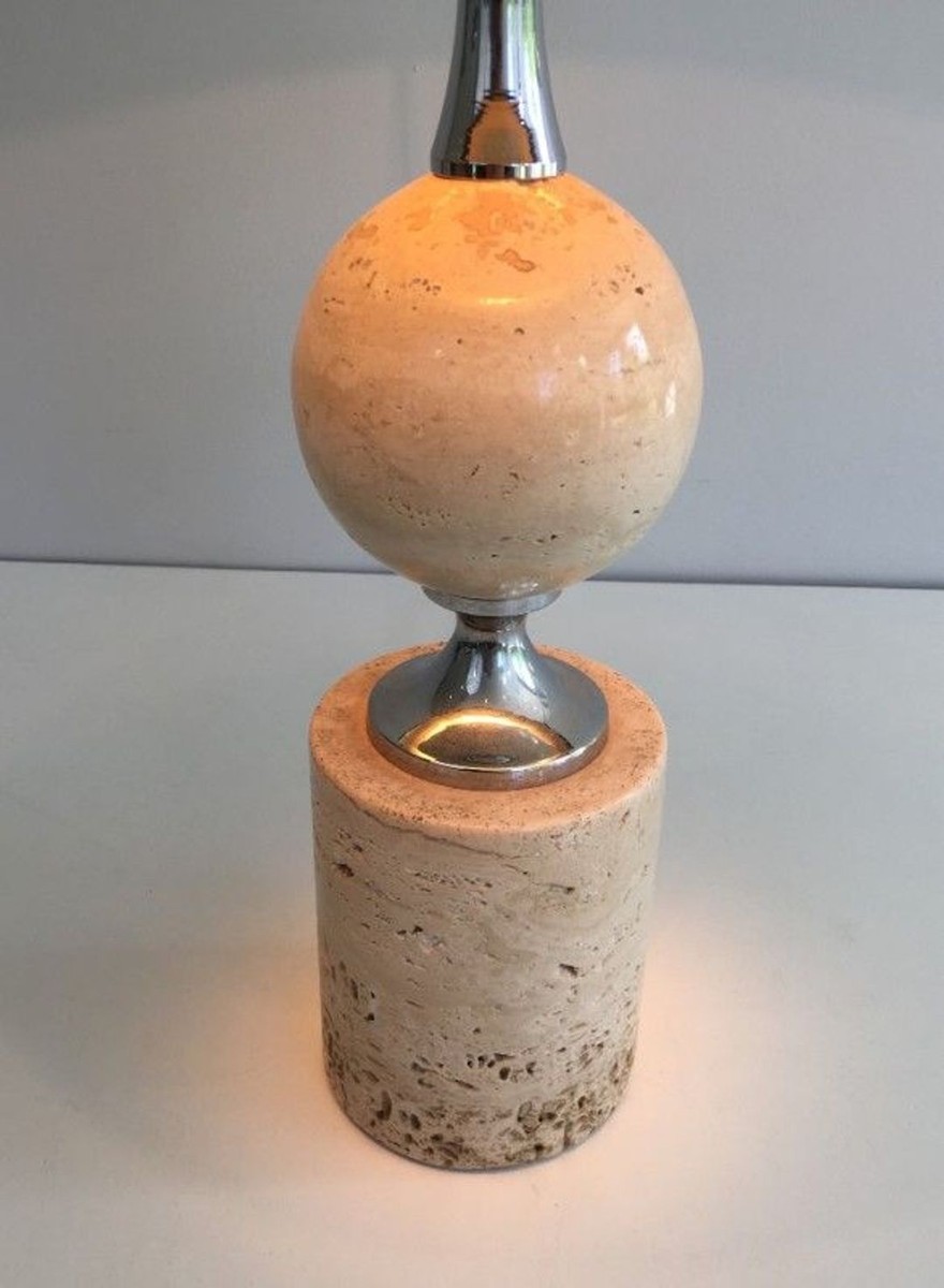 Travertine And Chrome Table Lamp, Philippe Barbie, French Work, Circa 1970-photo-2