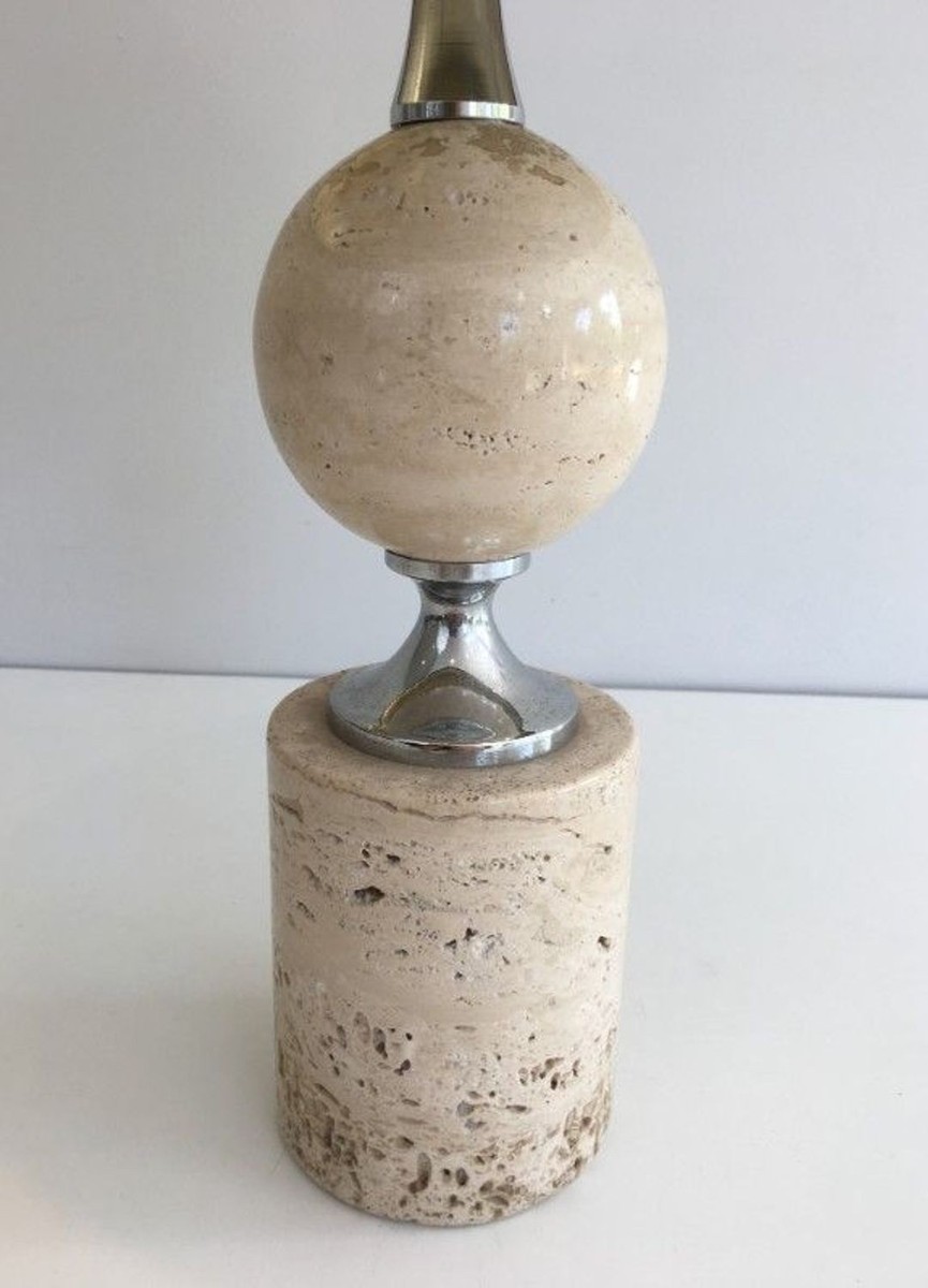 Travertine And Chrome Table Lamp, Philippe Barbie, French Work, Circa 1970-photo-3