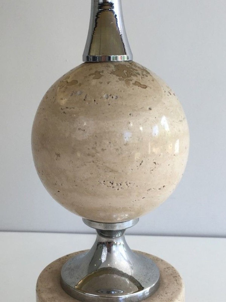 Travertine And Chrome Table Lamp, Philippe Barbie, French Work, Circa 1970-photo-4