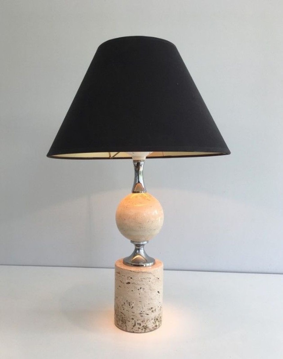 Travertine And Chrome Table Lamp, Philippe Barbie, French Work, Circa 1970-photo-6