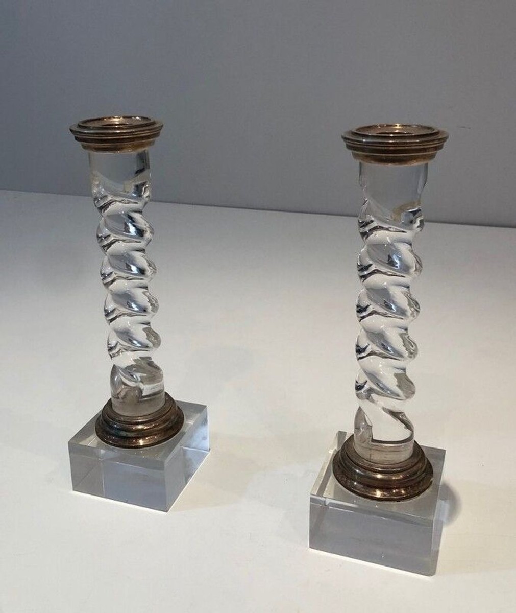 Paire de Bougeoirs Modernistes en Plexiglas Torsadé et Métal Argenté, France vers 1970-photo-2