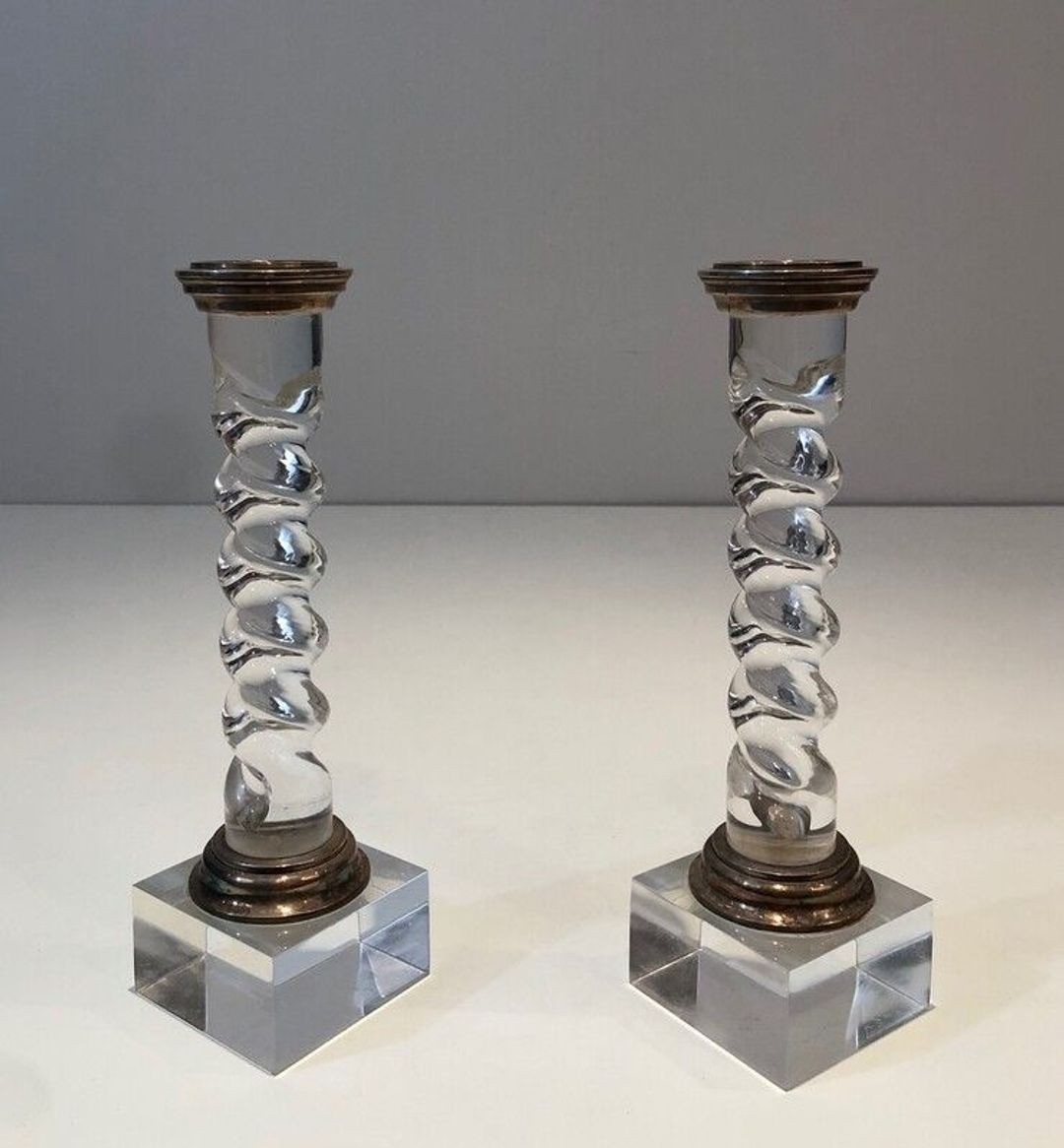 Paire de Bougeoirs Modernistes en Plexiglas Torsadé et Métal Argenté, France vers 1970-photo-5