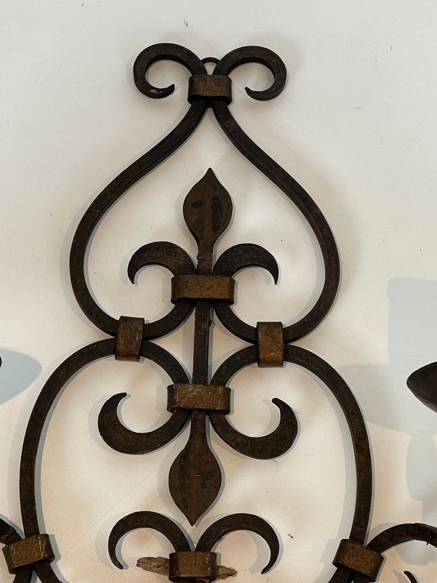 Paire d’Appliques en Fer Forgé à Deux Bras, Dossier à Volutes et Fleur-de-Lys-photo-5