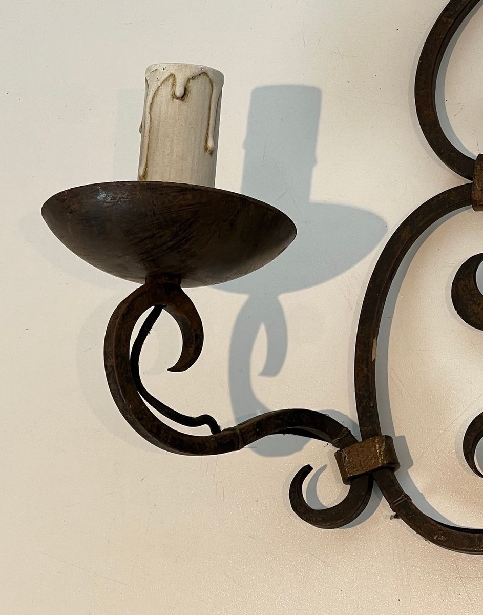 Paire d’Appliques en Fer Forgé à Deux Bras, Dossier à Volutes et Fleur-de-Lys-photo-7