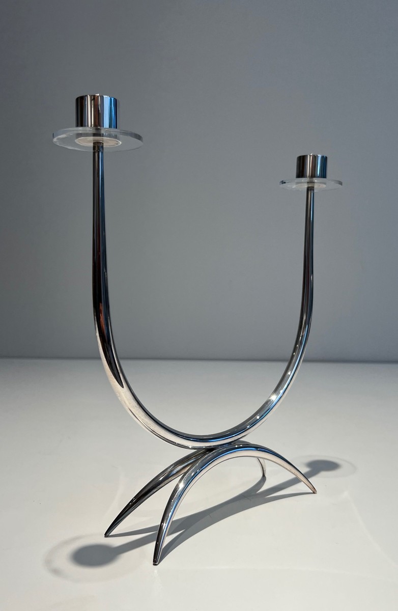 Bougeoir Design en Métal Argenté et Plexiglass à 2 Bougies, Vers 1970-photo-4