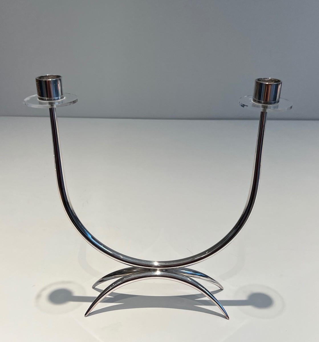 Bougeoir Design en Métal Argenté et Plexiglass à 2 Bougies, Vers 1970-photo-2