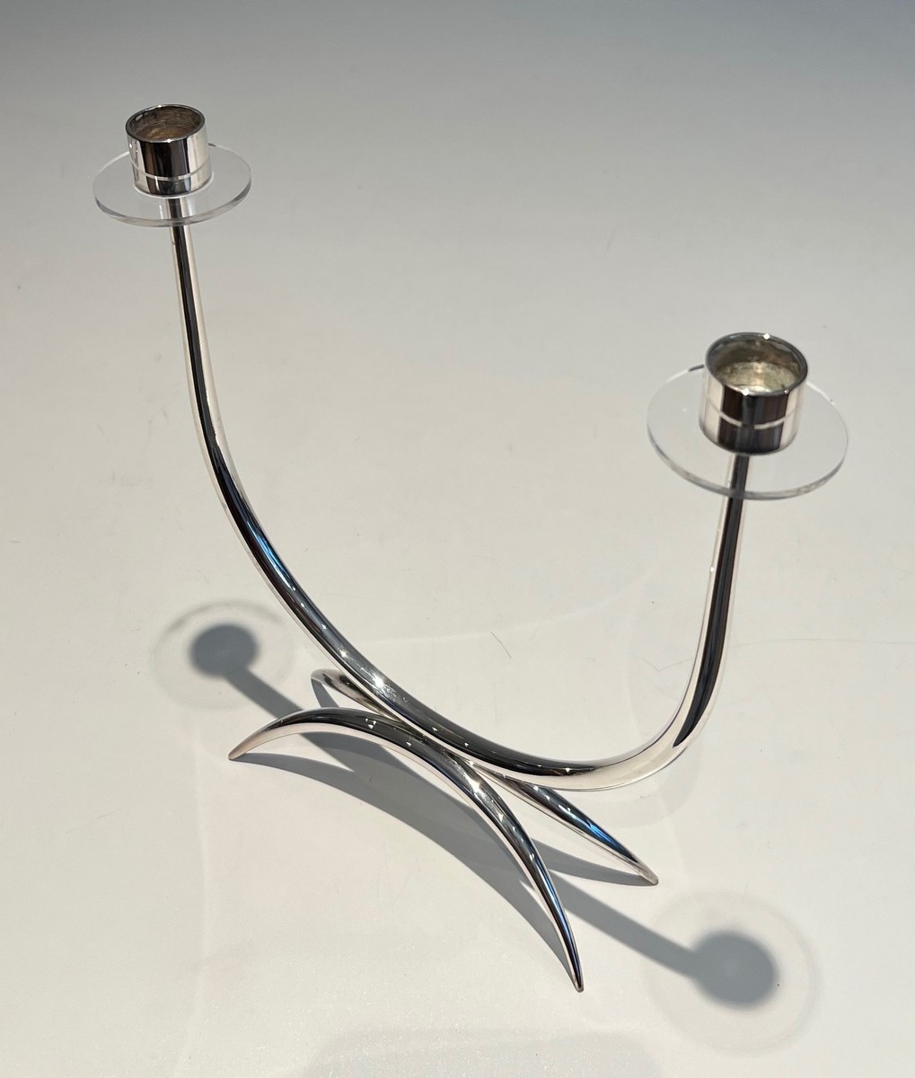 Bougeoir Design en Métal Argenté et Plexiglass à 2 Bougies, Vers 1970-photo-3