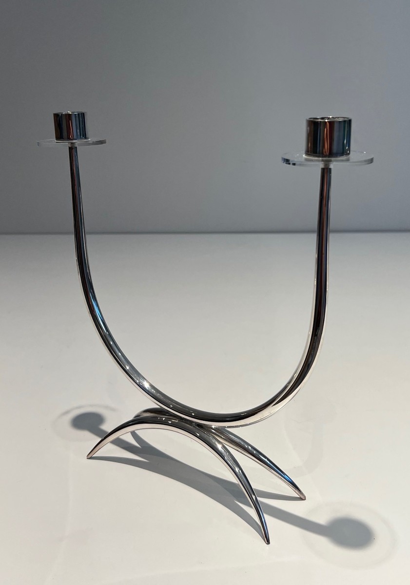 Bougeoir Design en Métal Argenté et Plexiglass à 2 Bougies, Vers 1970-photo-1