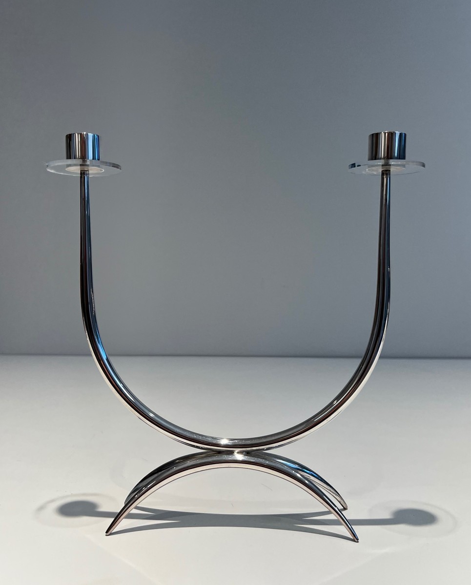 Bougeoir Design en Métal Argenté et Plexiglass à 2 Bougies, Vers 1970-photo-2