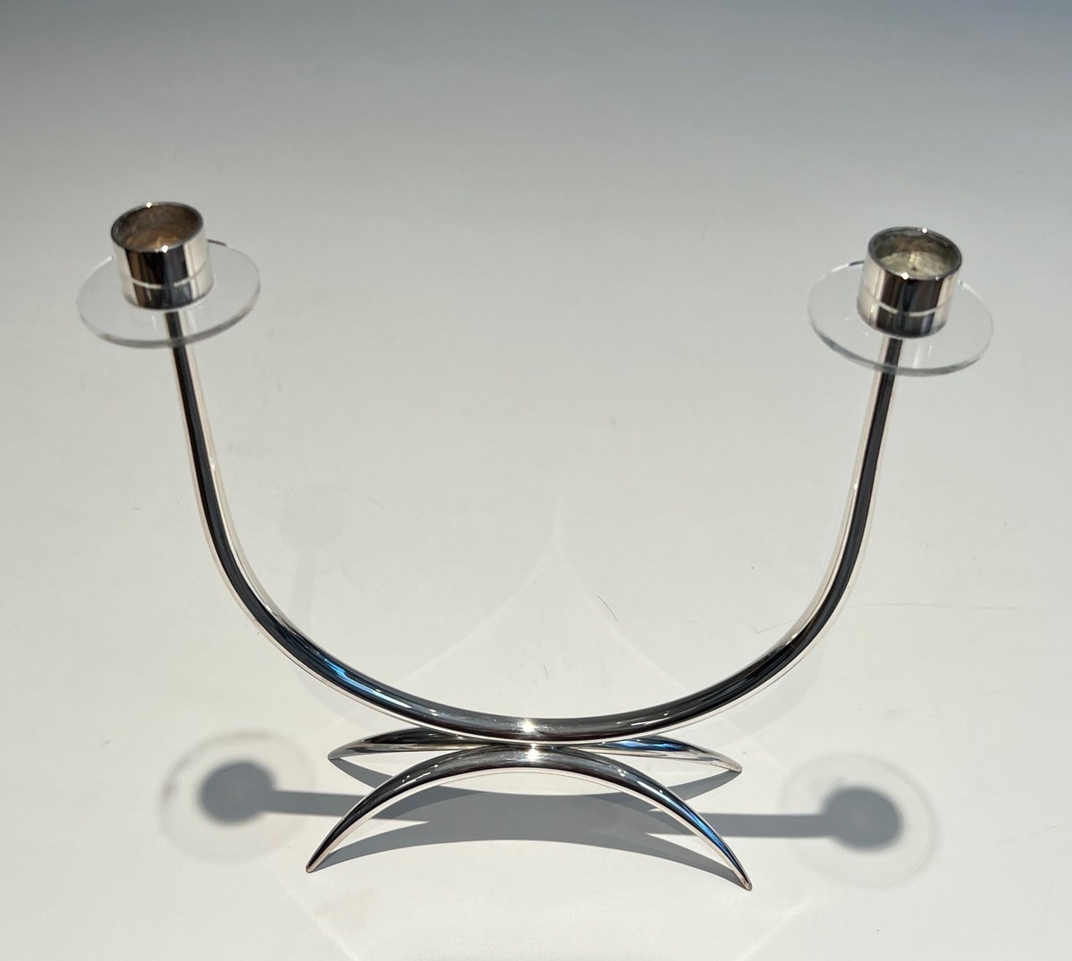 Bougeoir Design en Métal Argenté et Plexiglass à 2 Bougies, Vers 1970-photo-3