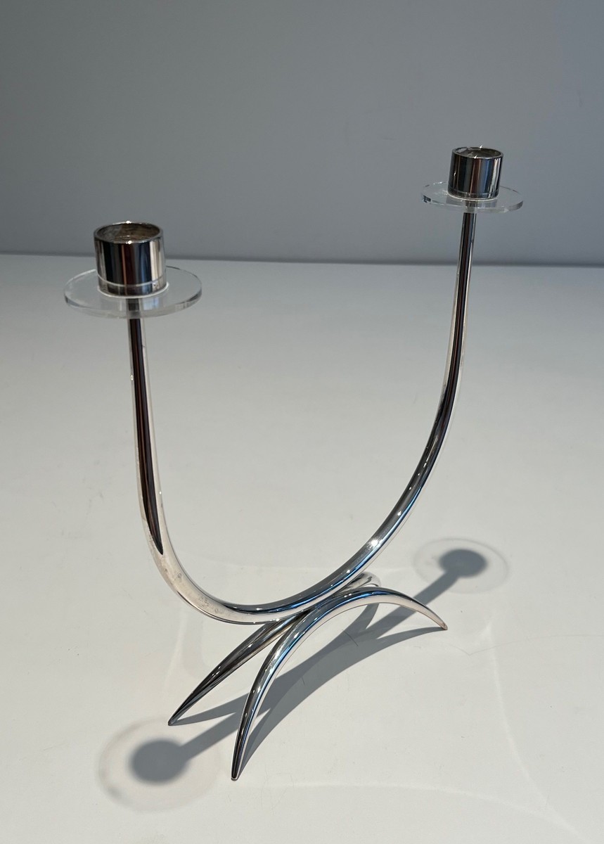 Bougeoir Design en Métal Argenté et Plexiglass à 2 Bougies, Vers 1970